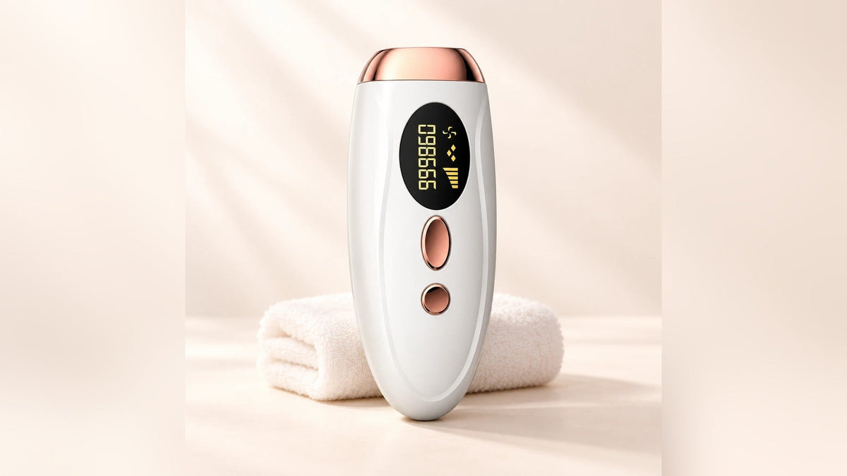 Depiladora de luz pulsada IPL blanca y oro rosa junto a una toalla blanca