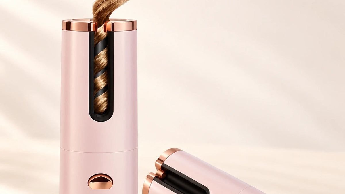 Rizador de pelo automático rosa con un mechón rizado saliendo de la ranura