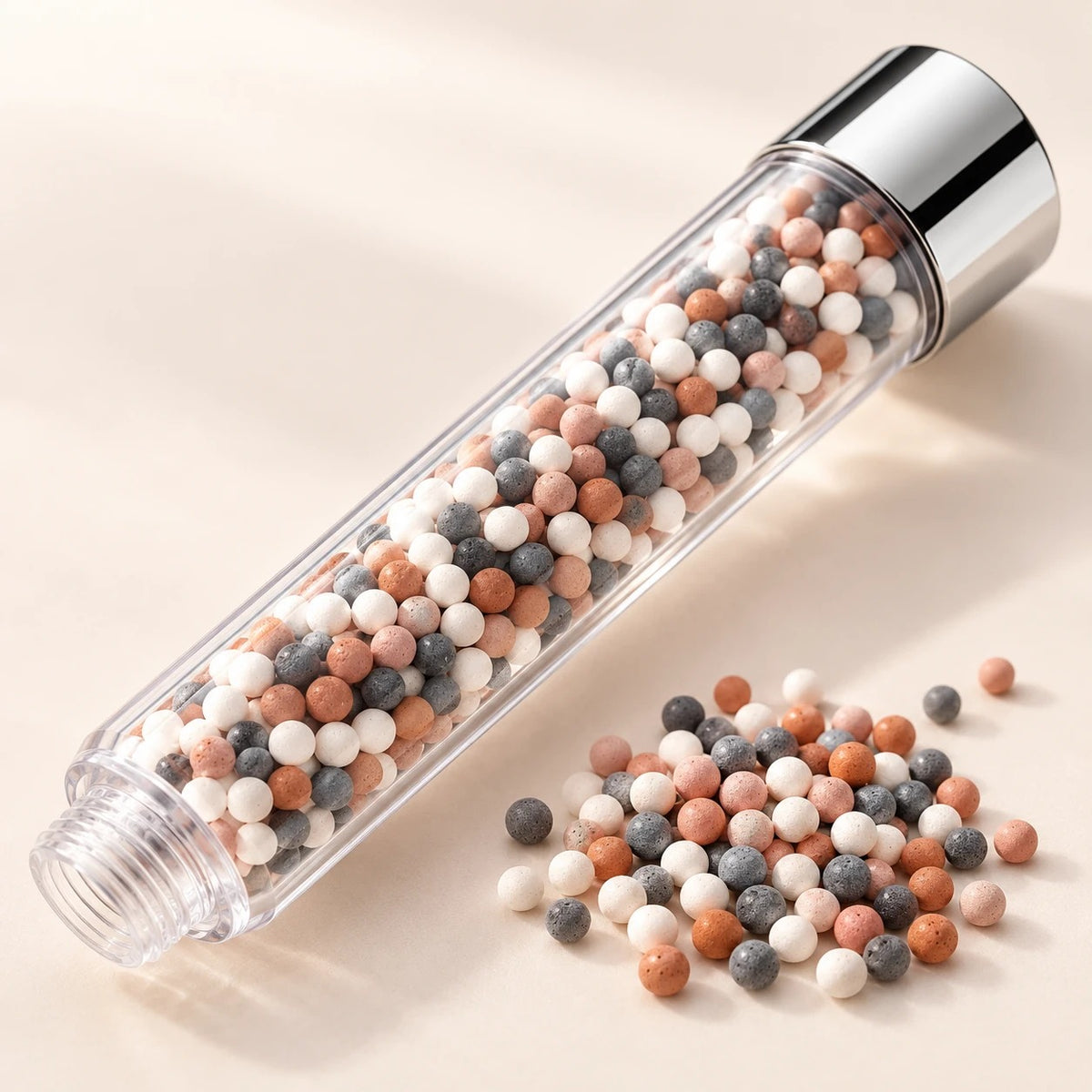 Filtro de la alcachofa de ducha con bolitas minerales rosas, blancas y grises