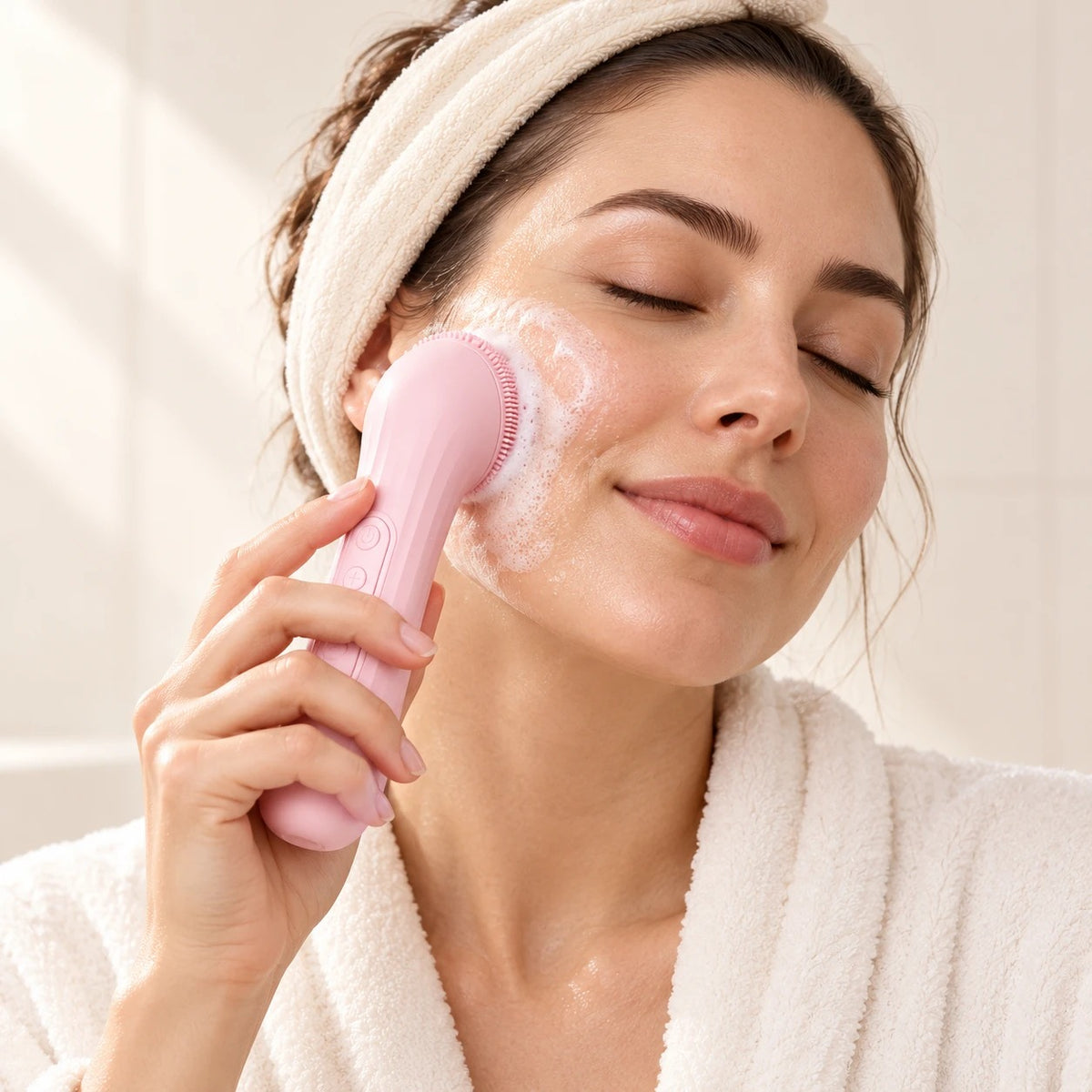Mujer limpiándose la cara con el cepillo sónico facial rosa