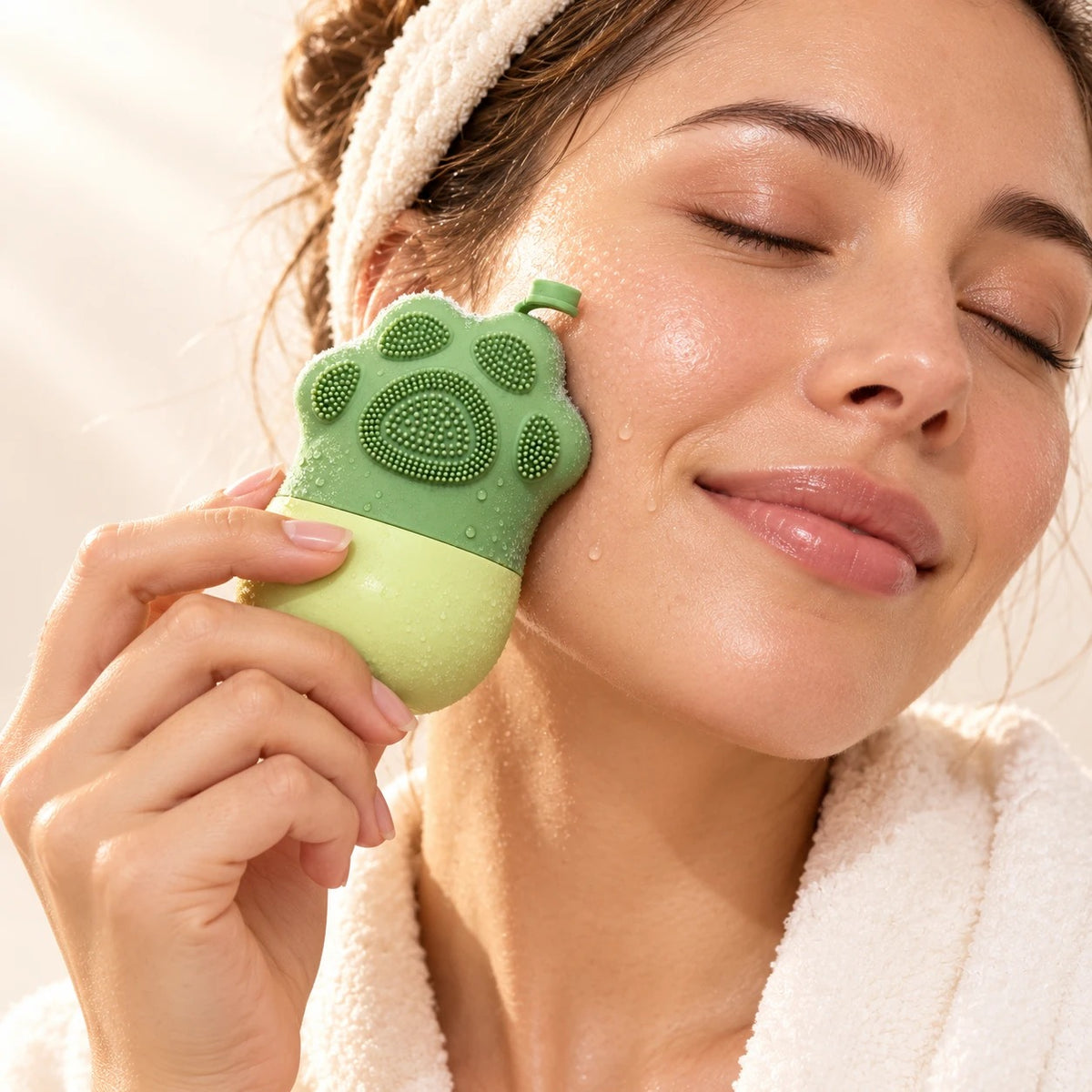 Mujer refrescándose la mejilla con el molde de hielo verde en forma de pata