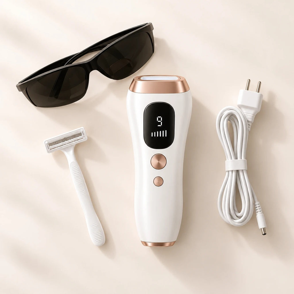 Depiladora IPL con gafas protectoras, cuchilla y cable de corriente