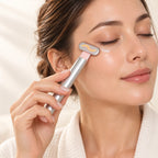 Mujer deslizando el masajeador facial bajo el ojo con crema