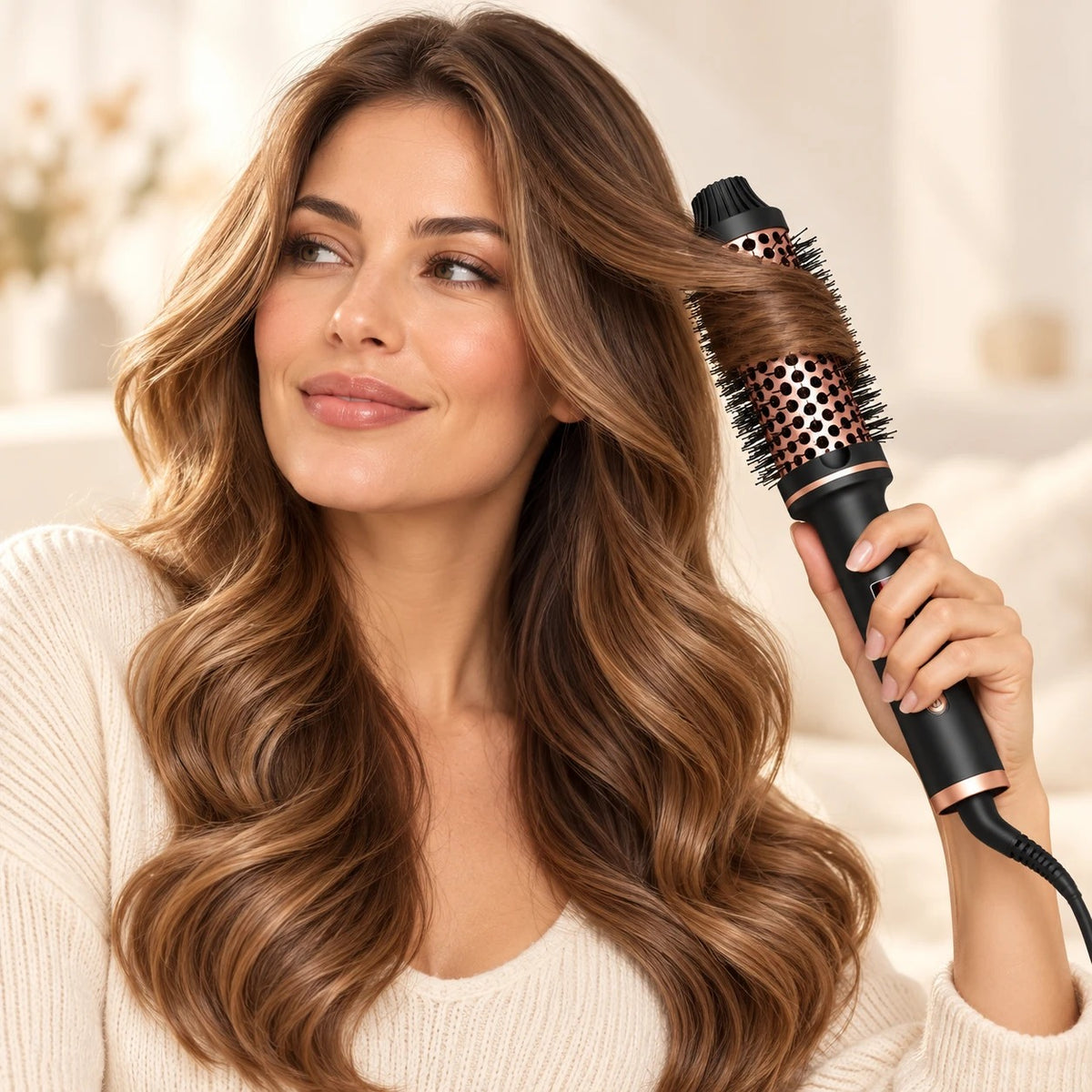 Mujer creando ondas con volumen con el cepillo térmico 3 en 1