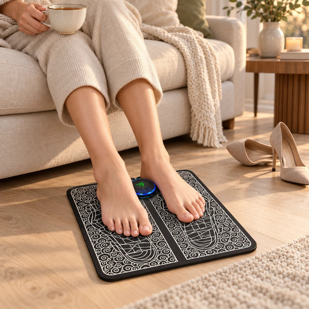 Mujer relajada en el sofá con los pies sobre la alfombrilla de masaje de pies
