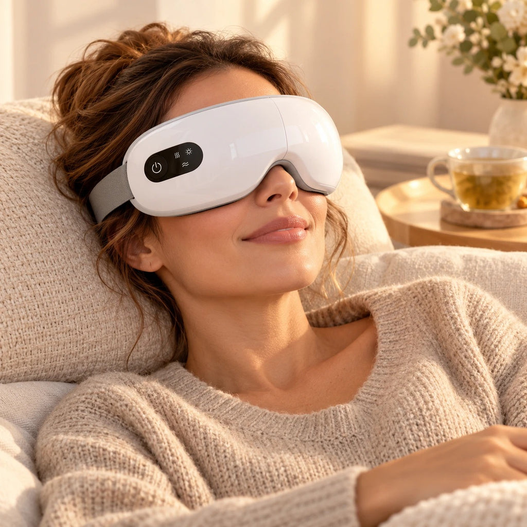 Mujer relajada en el sofá con las gafas de masaje para ojos blancas