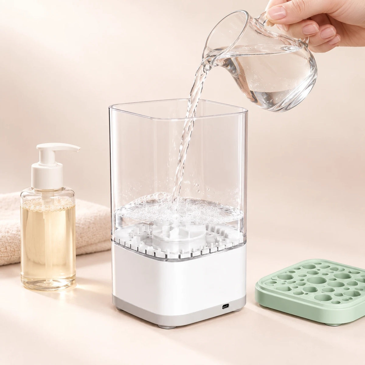 Echando agua en el limpiador de brochas, con jabón y la tapa al lado