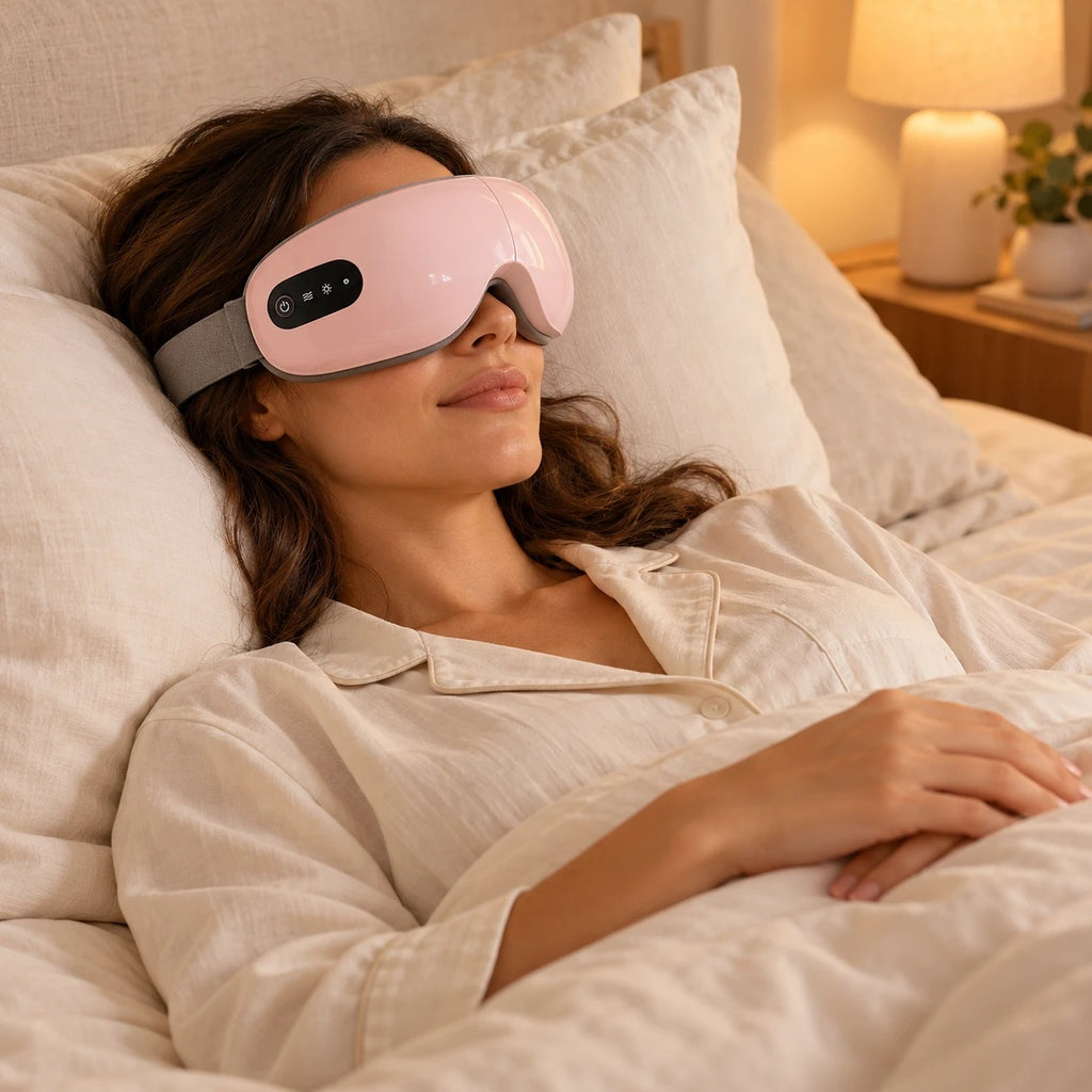 Mujer en la cama antes de dormir con las gafas de masaje para ojos rosas