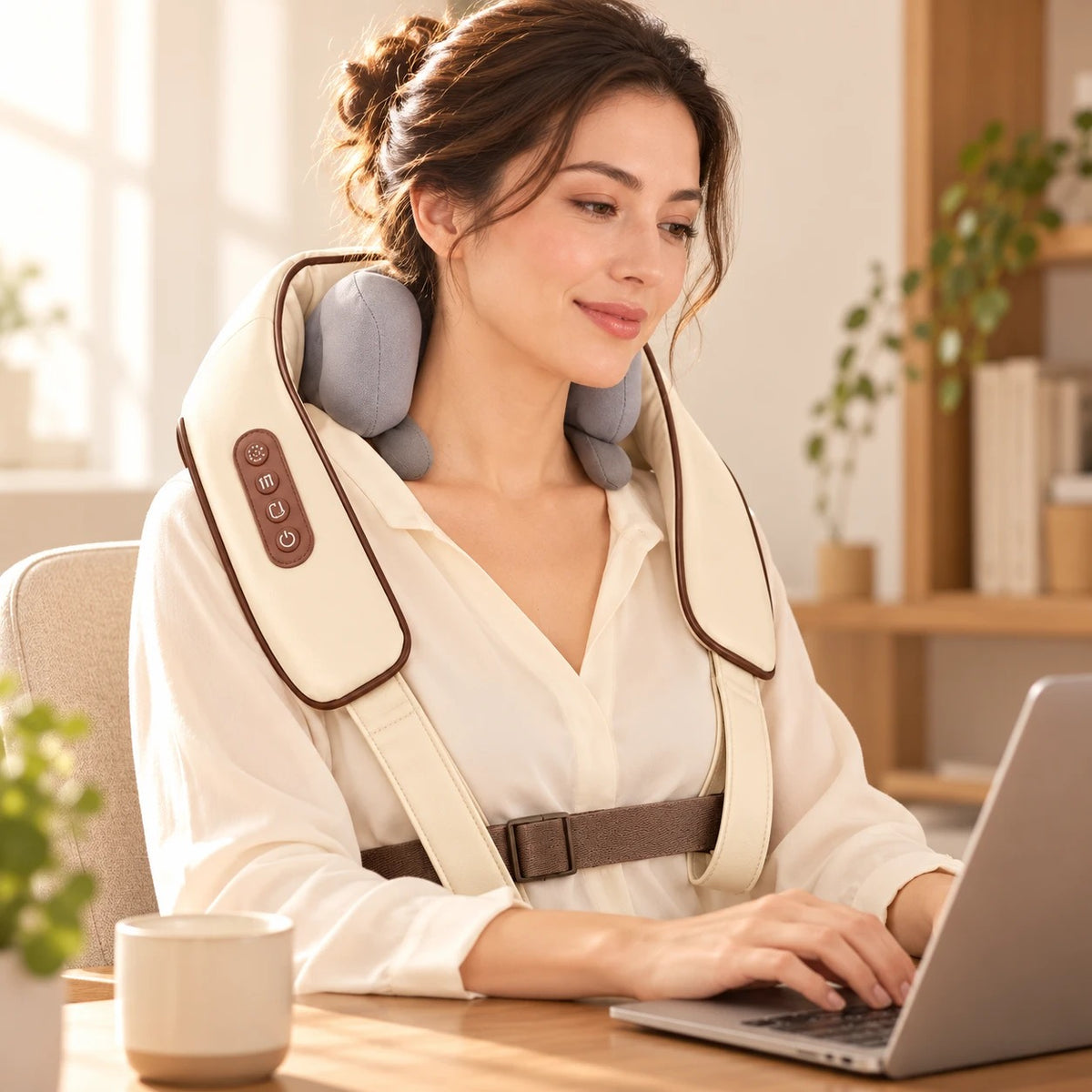 Mujer trabajando con el portátil y el masajeador de cuello puesto, con las manos libres