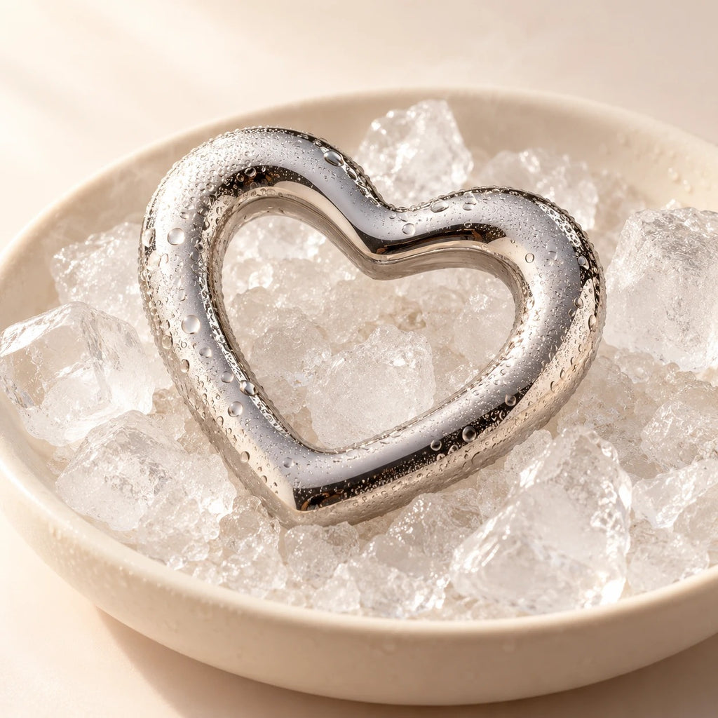 Gua sha de acero en forma de corazón enfriándose sobre hielo