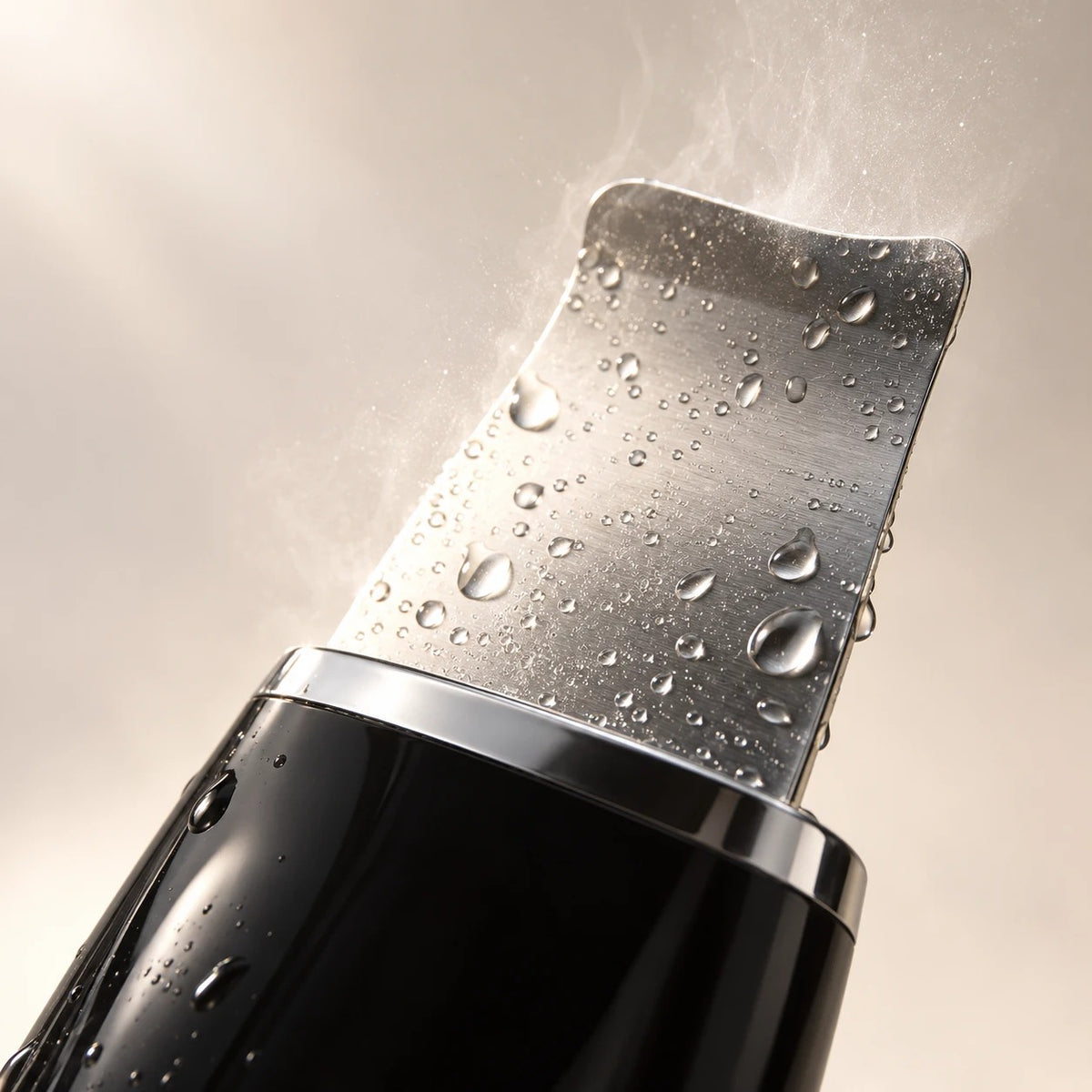 Lámina de acero de la espátula facial con gotas de agua, de cerca