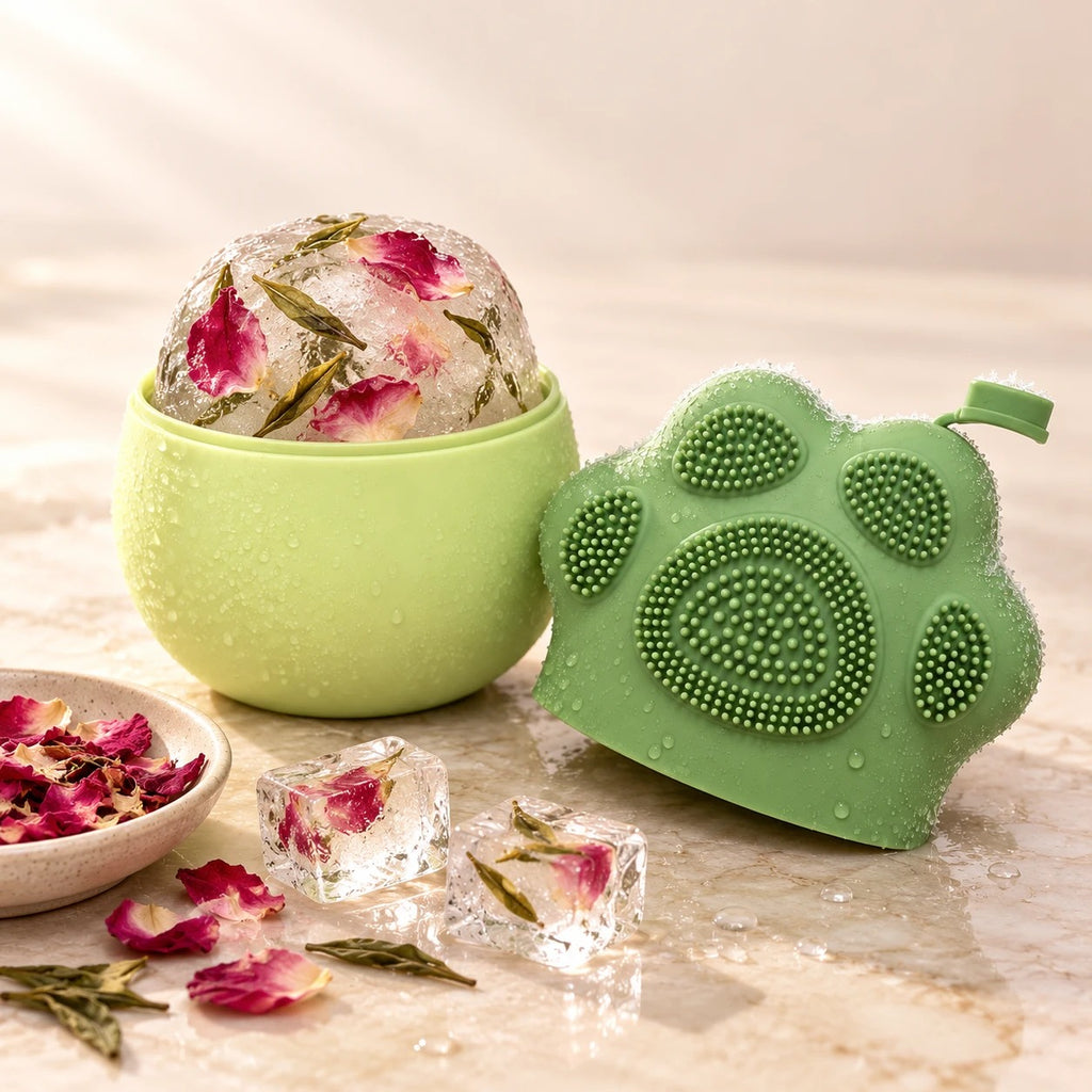 Molde de hielo abierto con un bloque de hielo con pétalos de rosa y té verde