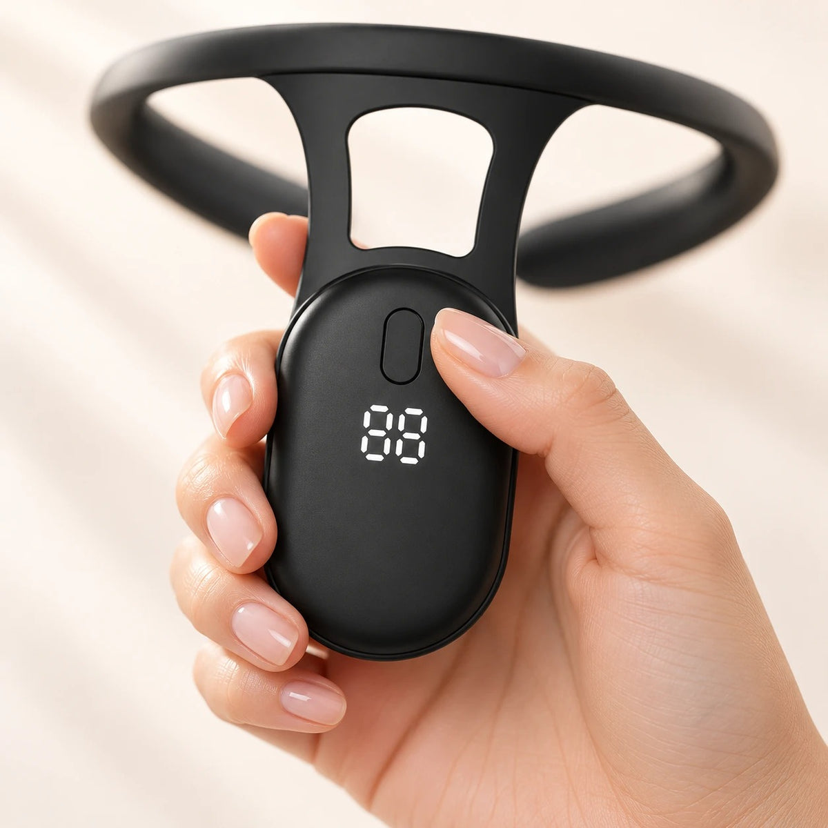 Sensor con pantalla y botón del corrector de postura en la mano