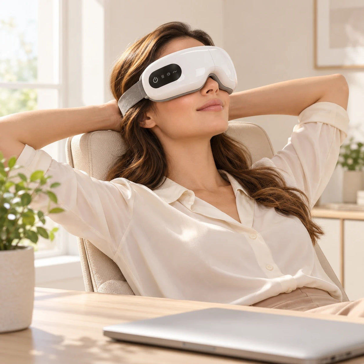 Mujer haciendo una pausa en el escritorio con las gafas de masaje para ojos