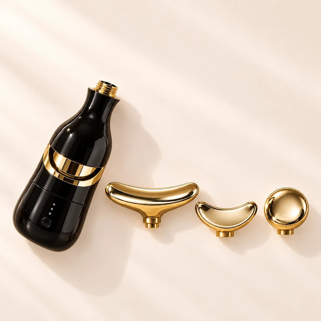 Masajeador facial negro con sus tres cabezales dorados intercambiables