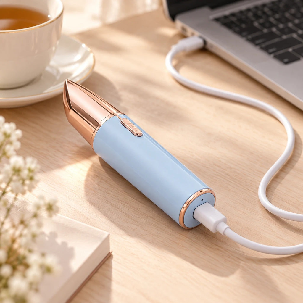 Depiladora facial azul cargando con cable USB-C en el escritorio