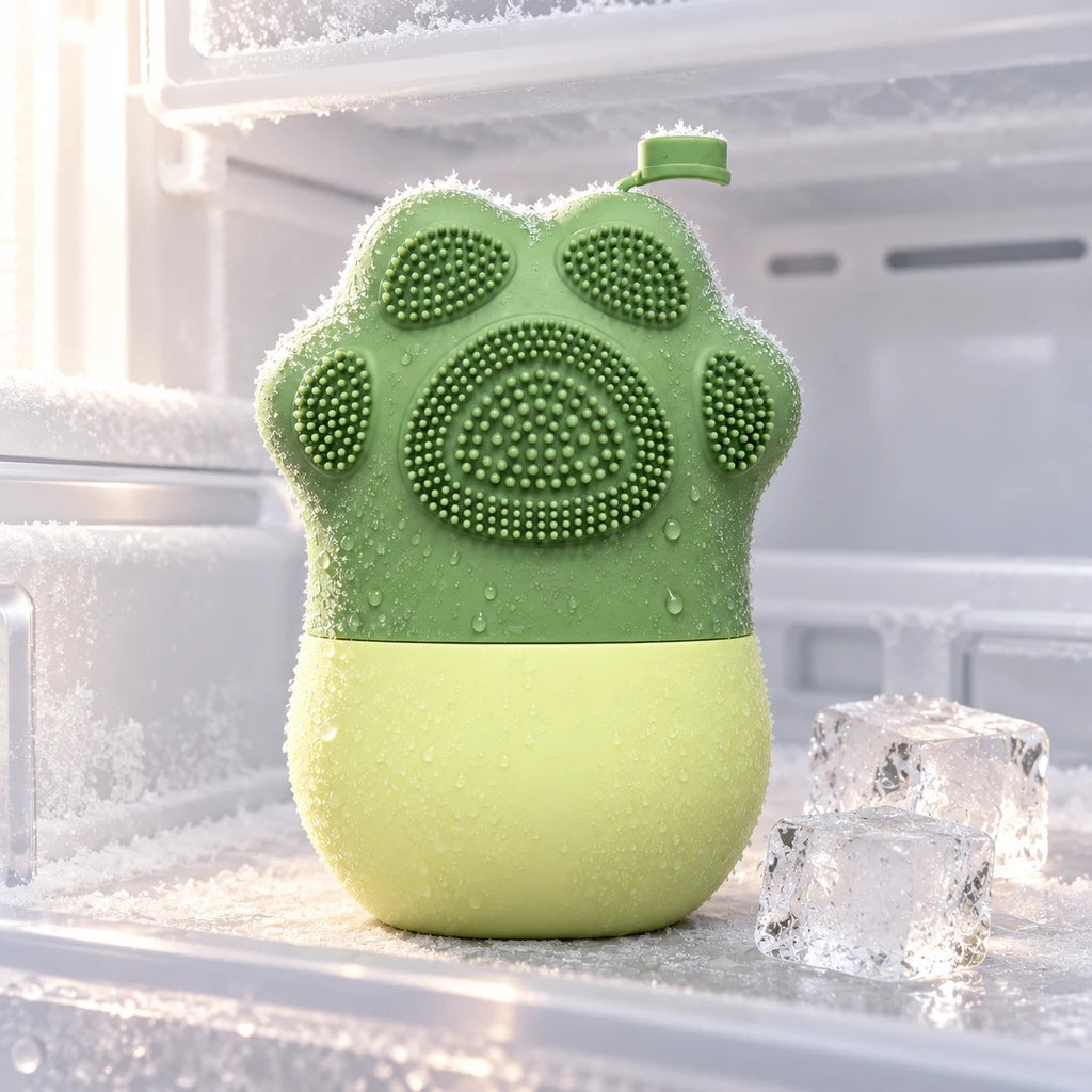 Molde de hielo verde en forma de pata dentro del congelador