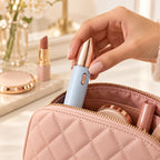 Mano guardando la depiladora facial en un neceser rosa