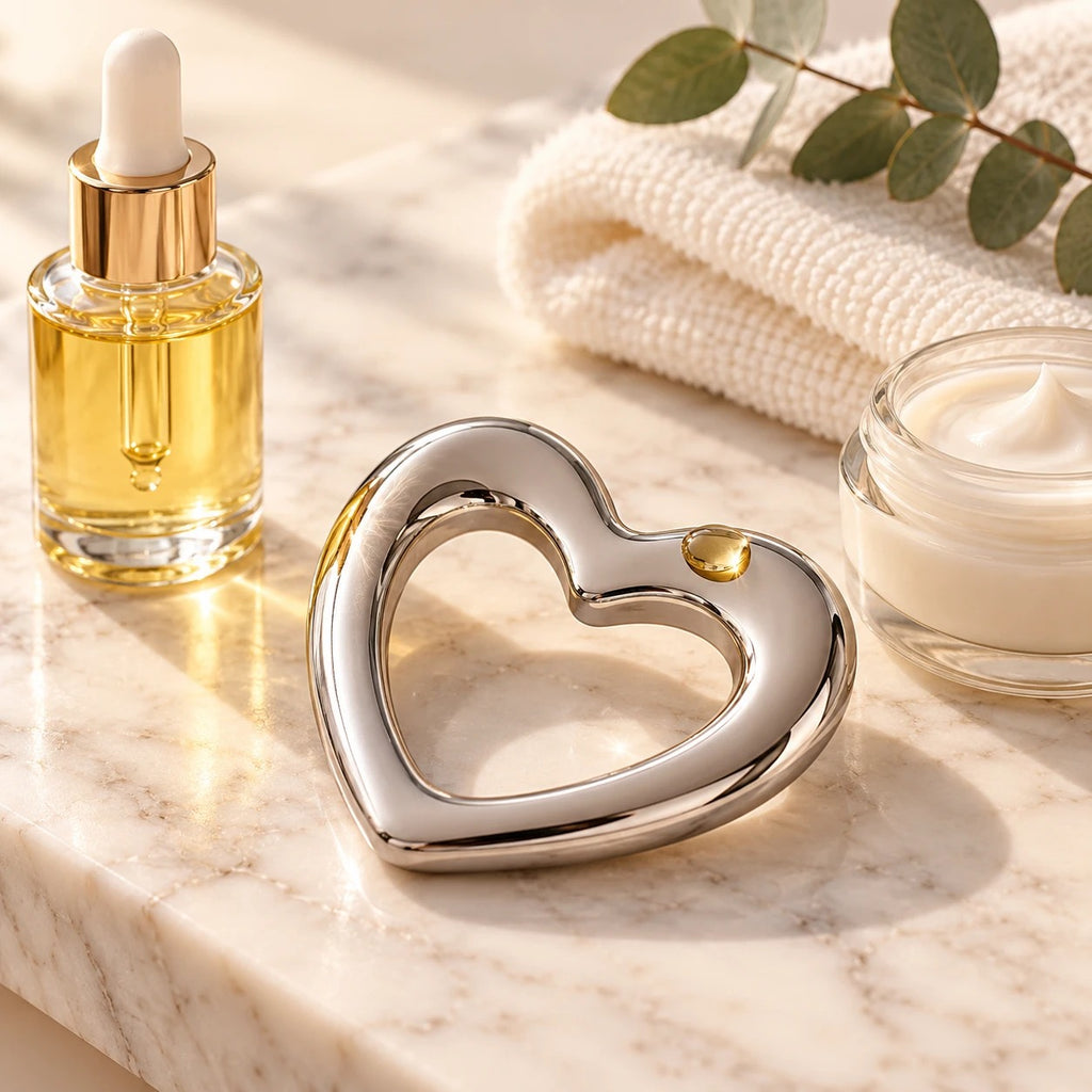 Gua sha de acero en forma de corazón en el tocador con aceite facial y crema