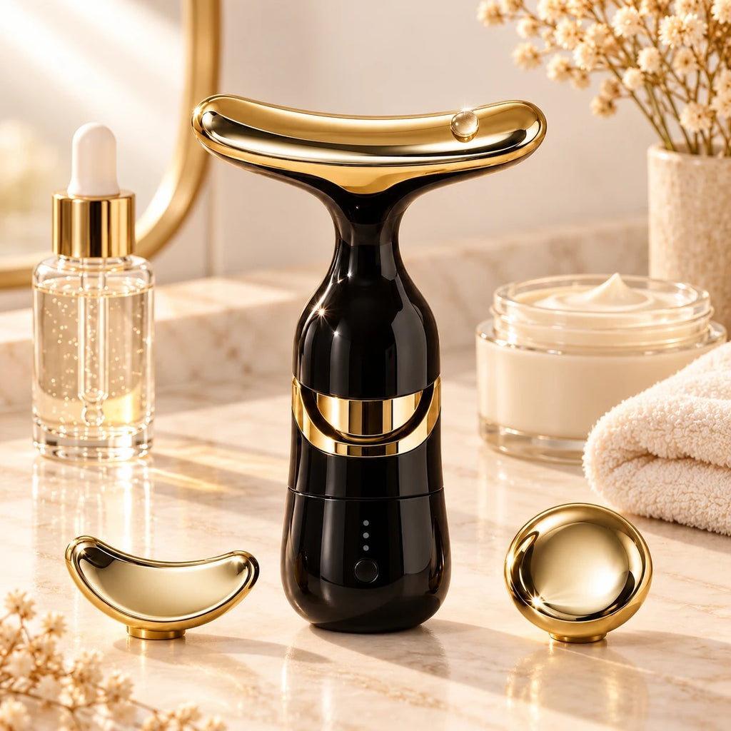 Masajeador facial negro en el tocador con sérum, crema y sus cabezales