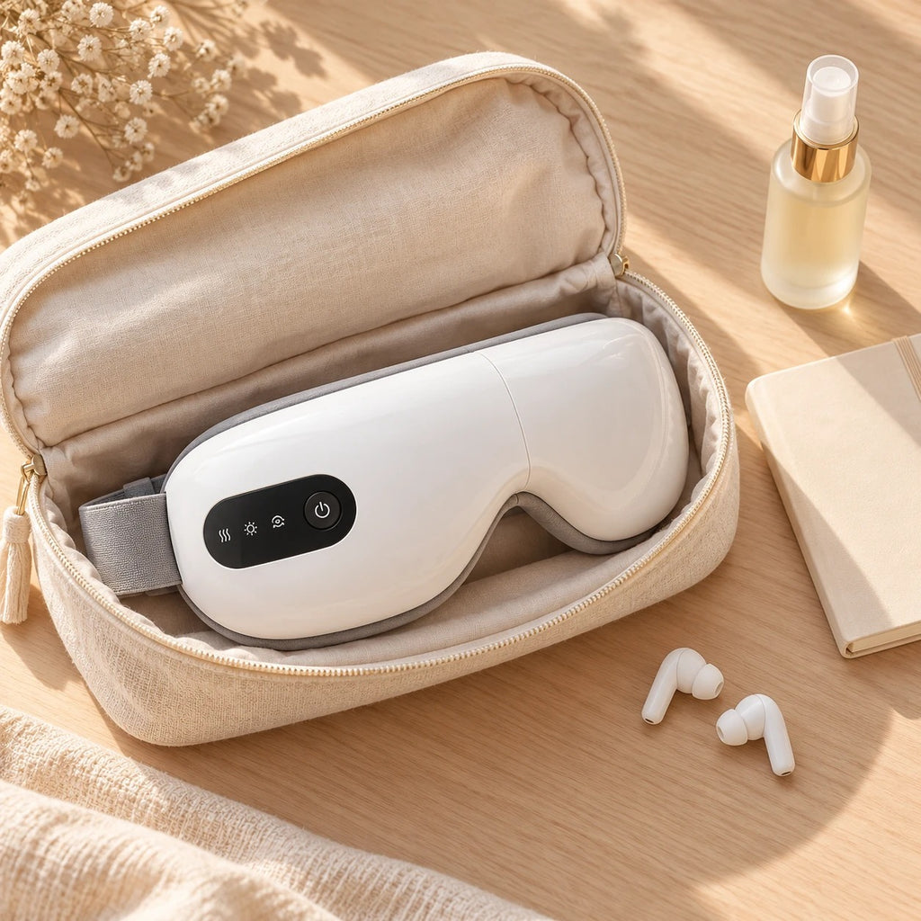 Gafas de masaje para ojos guardadas en un neceser de viaje