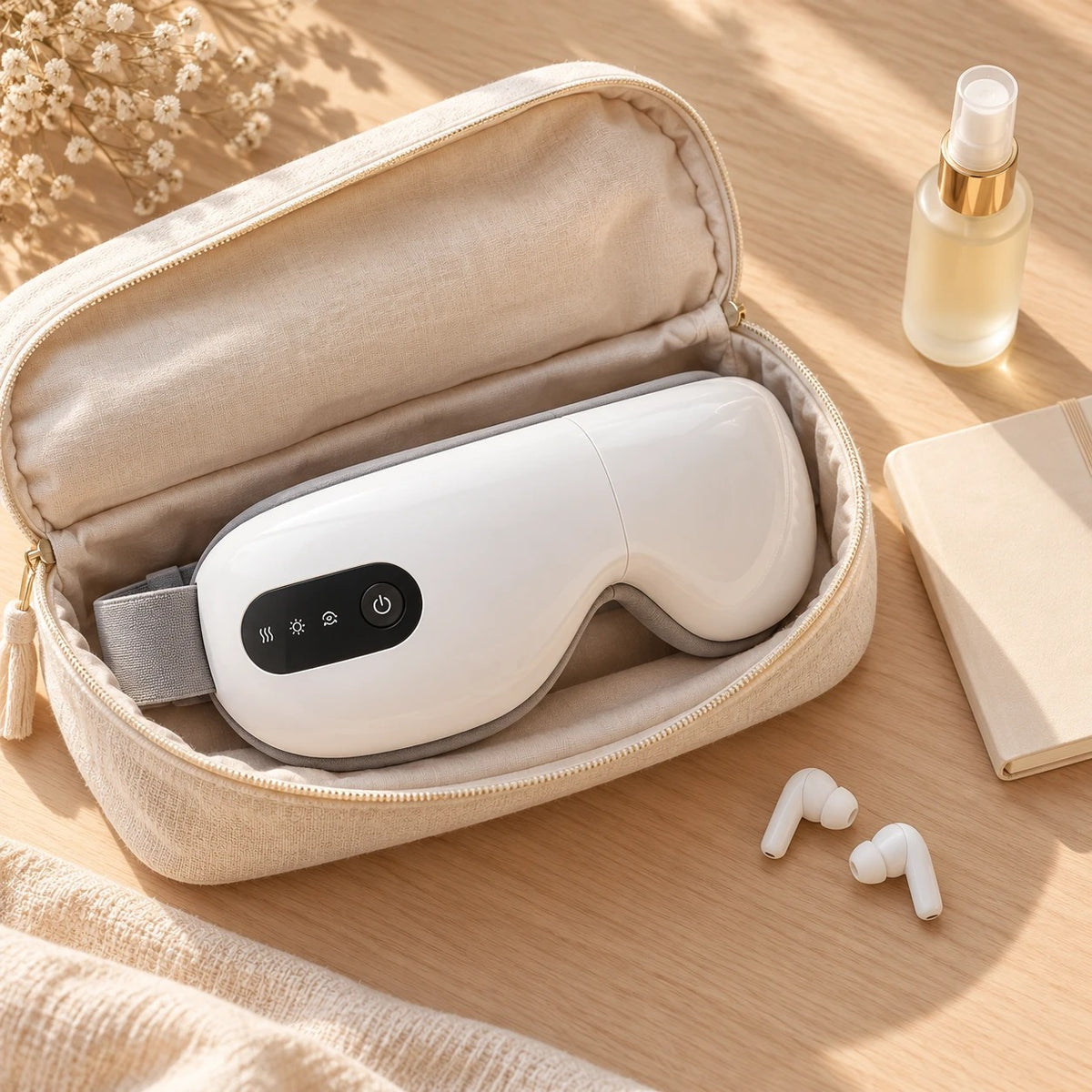 Gafas de masaje para ojos guardadas en un neceser de viaje