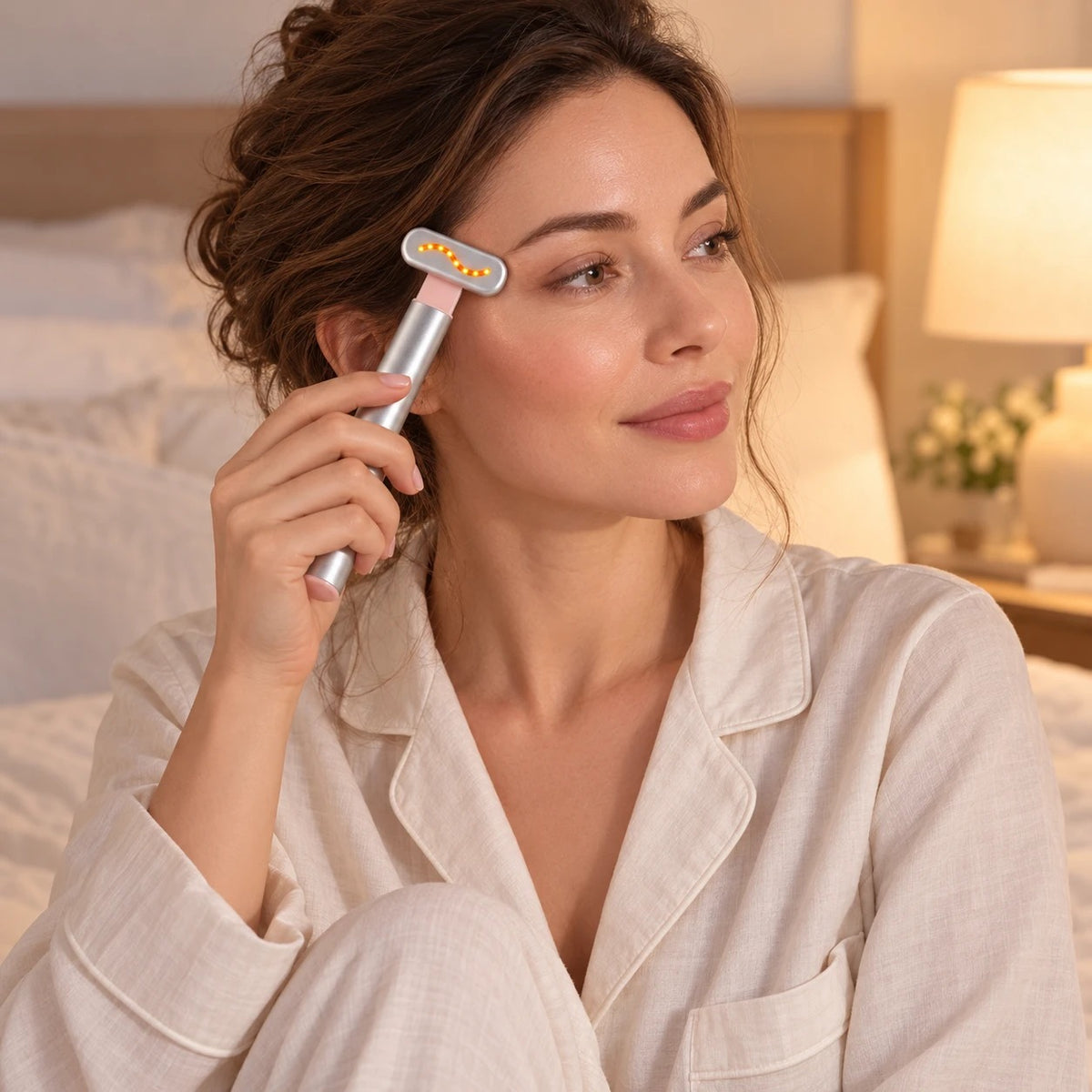Mujer en pijama usando el masajeador facial en la sien antes de dormir