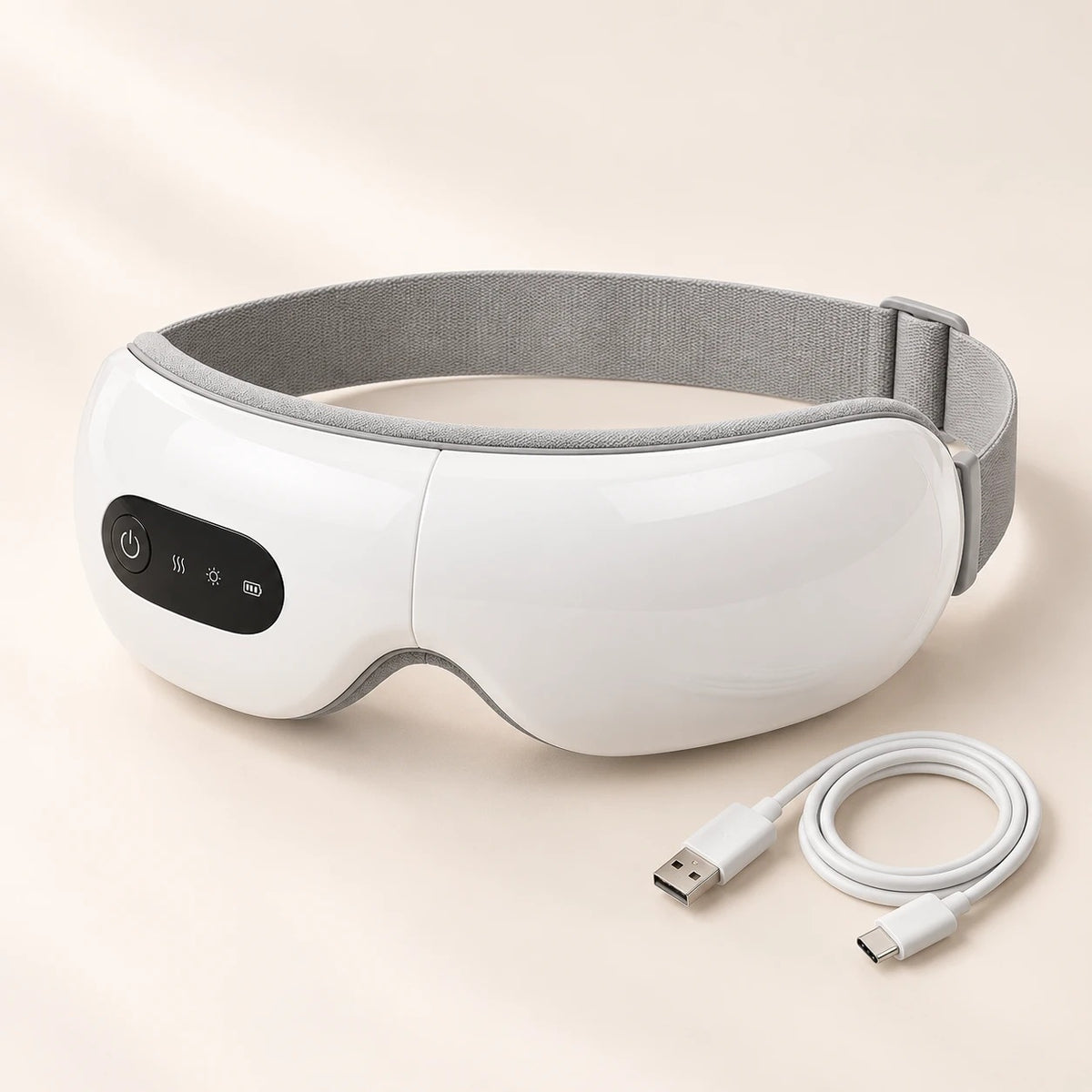 Gafas de masaje para ojos blancas con su cable de carga USB-C