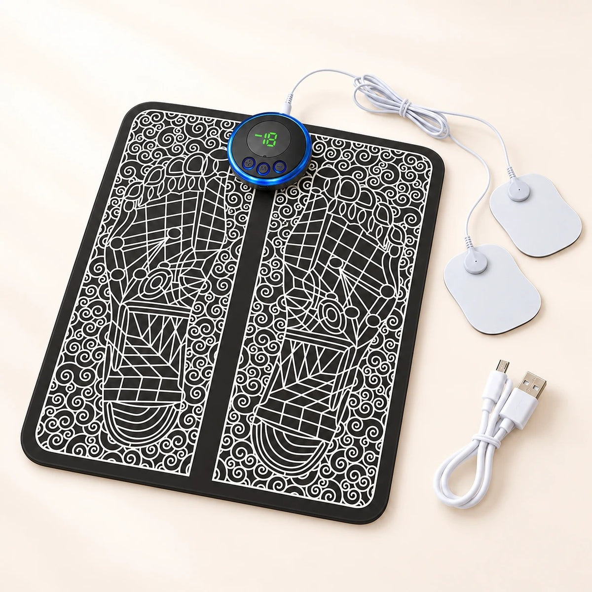 Alfombrilla de masaje de pies con 2 parches de masaje y cable USB