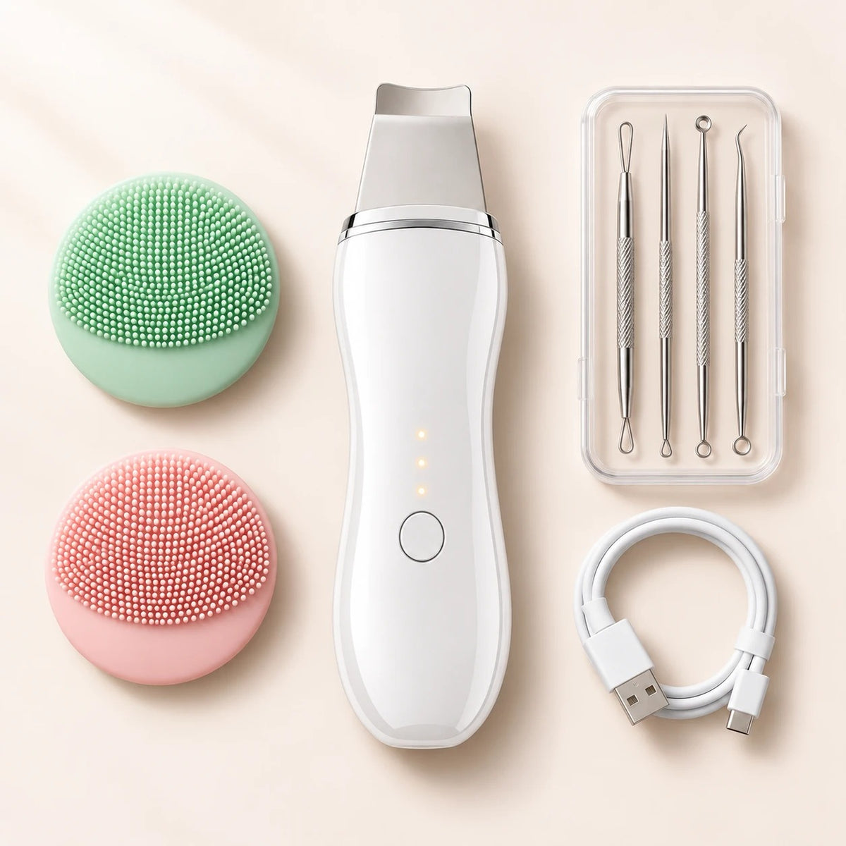 Espátula facial blanca con almohadillas de silicona, herramientas de acero y cable