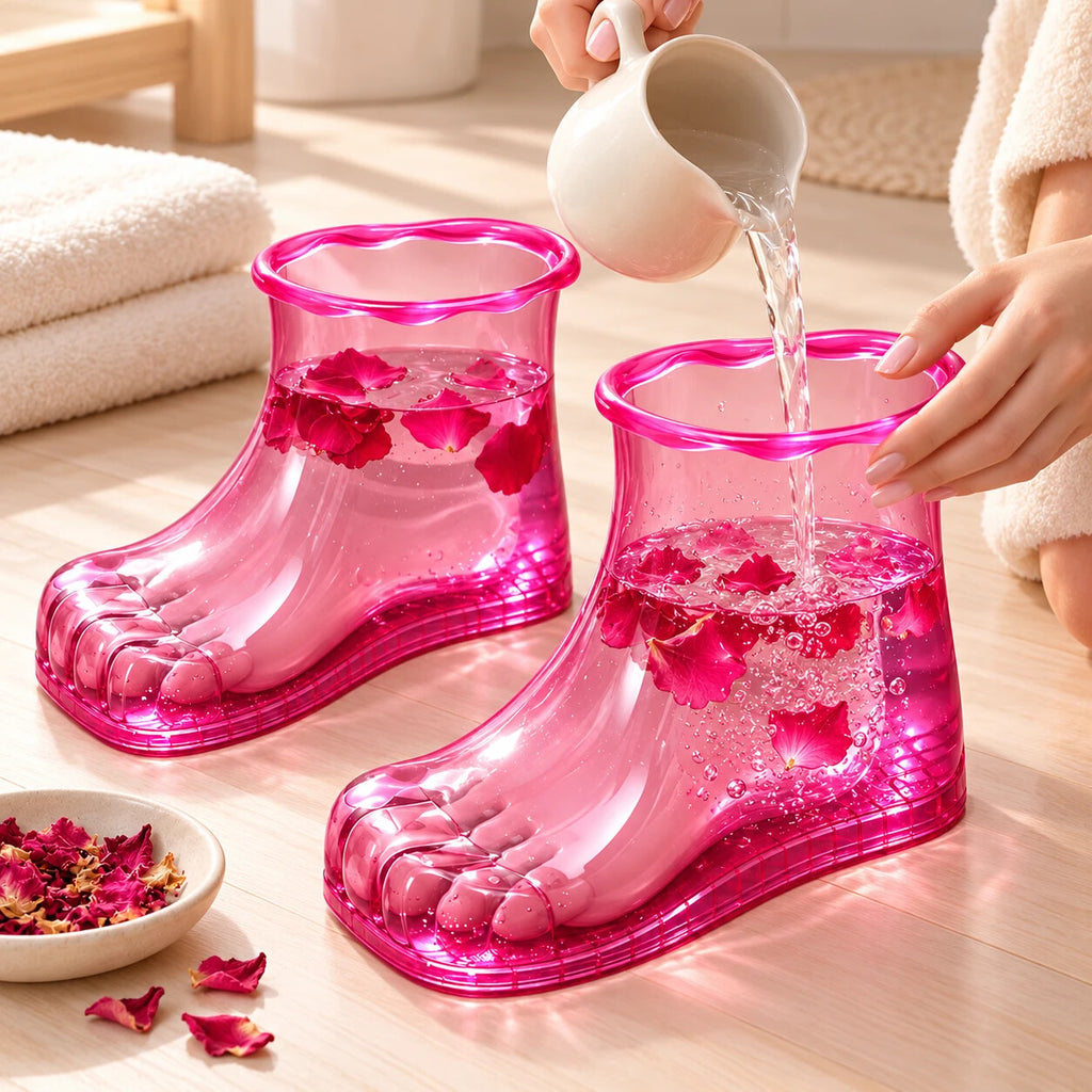Llenando las botas de baño de pies con agua tibia desde una jarra