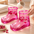 Llenando las botas de baño de pies con agua tibia desde una jarra