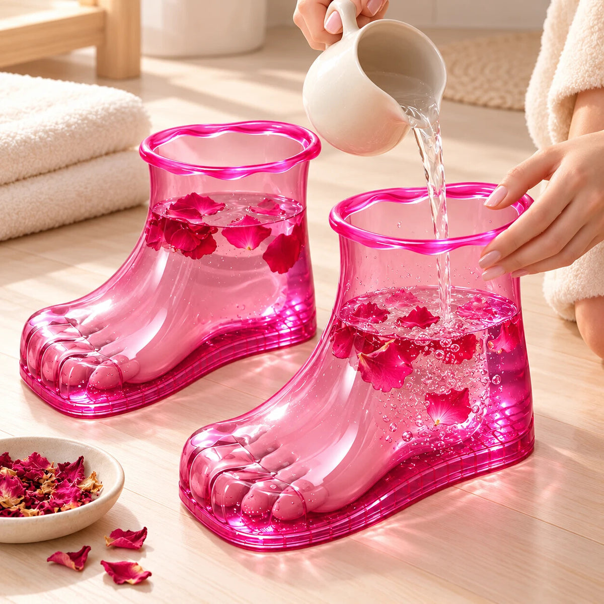 Llenando las botas de baño de pies con agua tibia desde una jarra