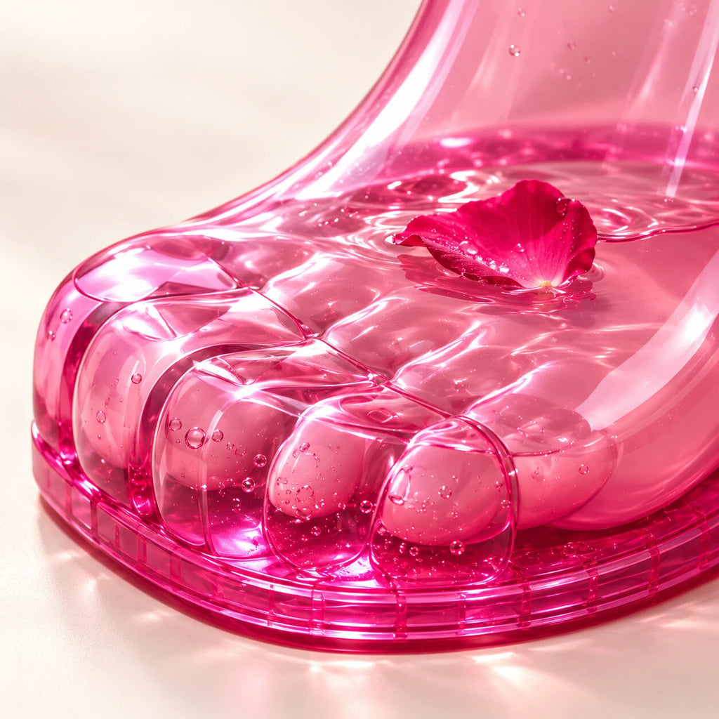Detalle de los dedos de la bota de baño de pies rosa con agua y un pétalo