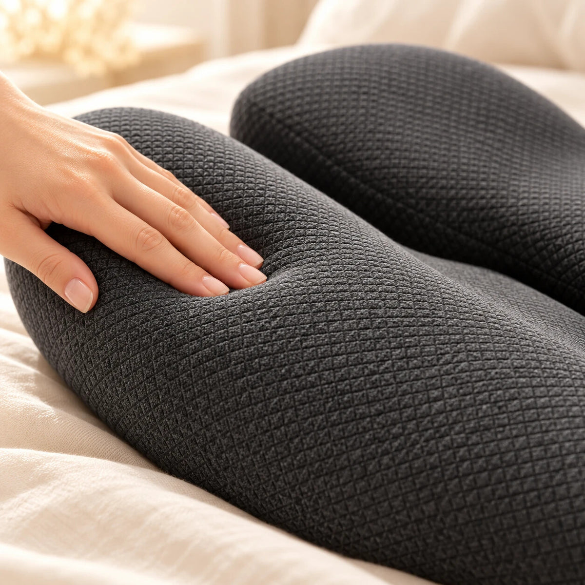 Mano presionando la espuma viscoelástica de la almohada
