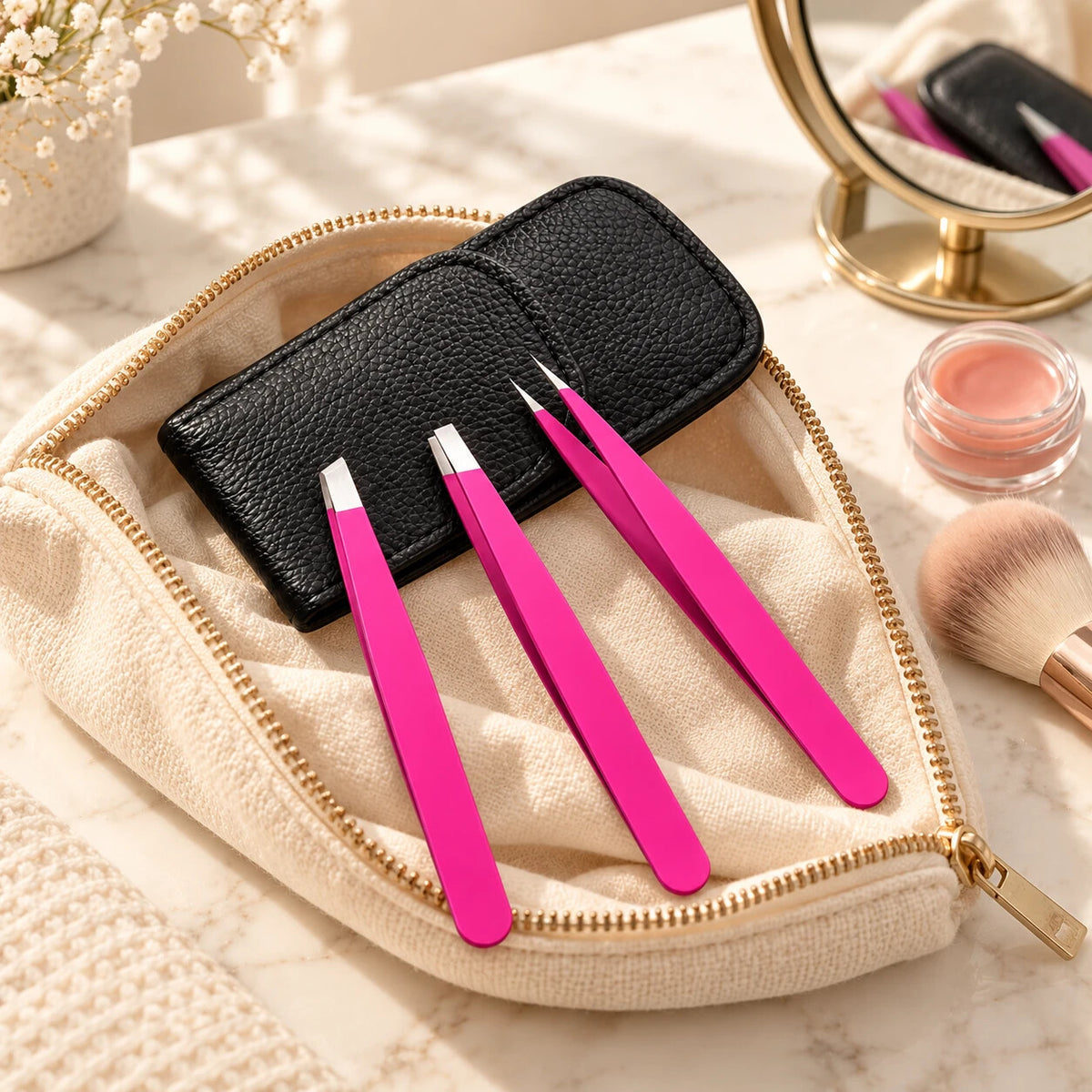 Pinzas de cejas rosas con su funda dentro de un neceser