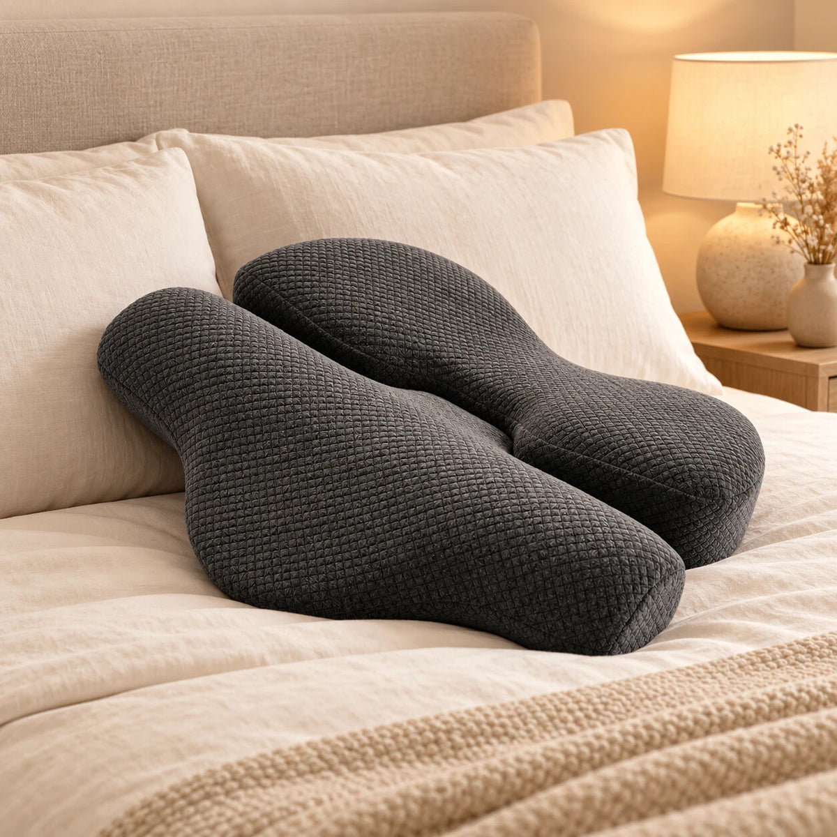 Almohada cervical mariposa en una cama con ropa de lino crema