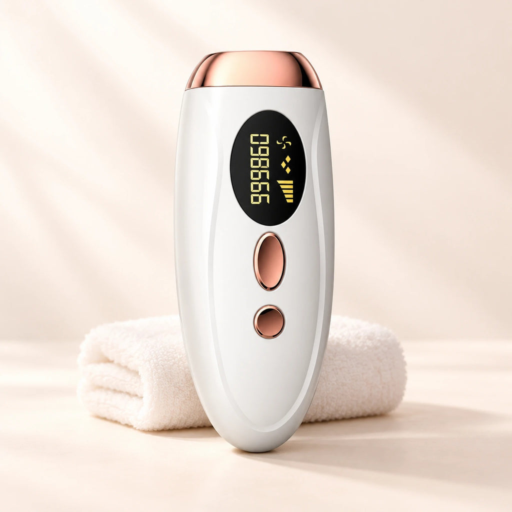 Depiladora de luz pulsada IPL blanca y oro rosa junto a una toalla blanca