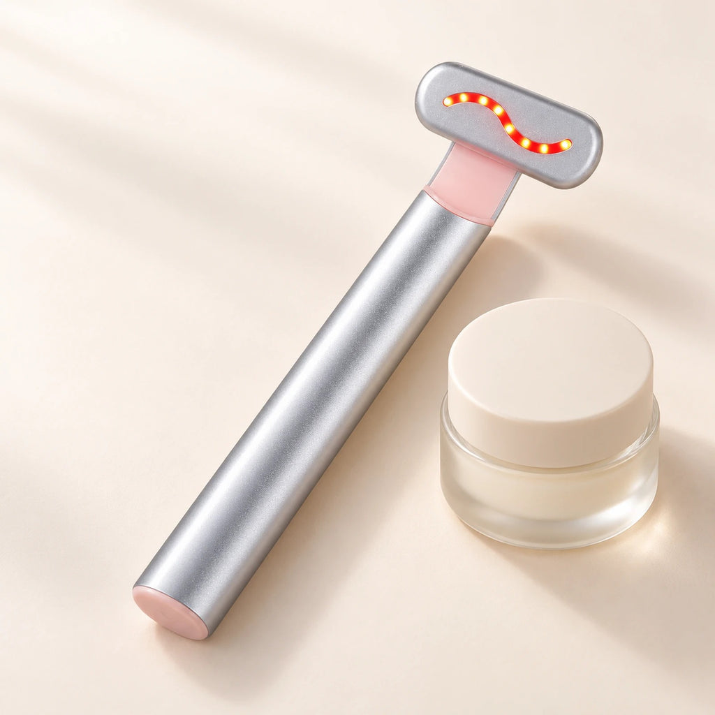 Masajeador de ojeras plateado con luz roja junto a un tarro de crema