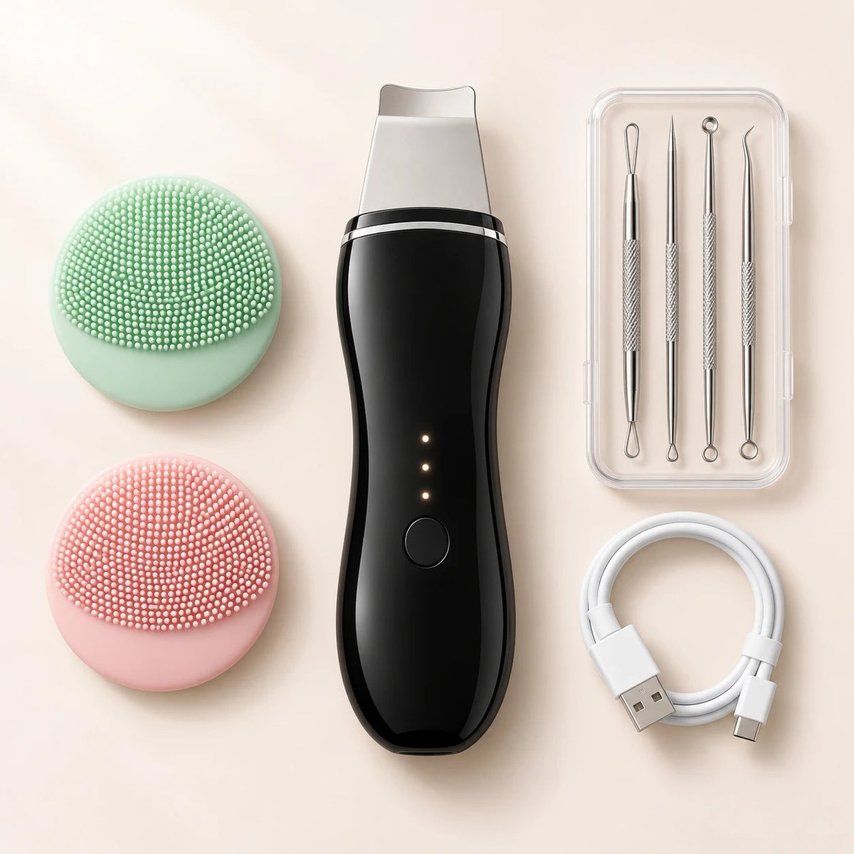 Espátula facial negra con almohadillas de silicona, herramientas de acero y cable
