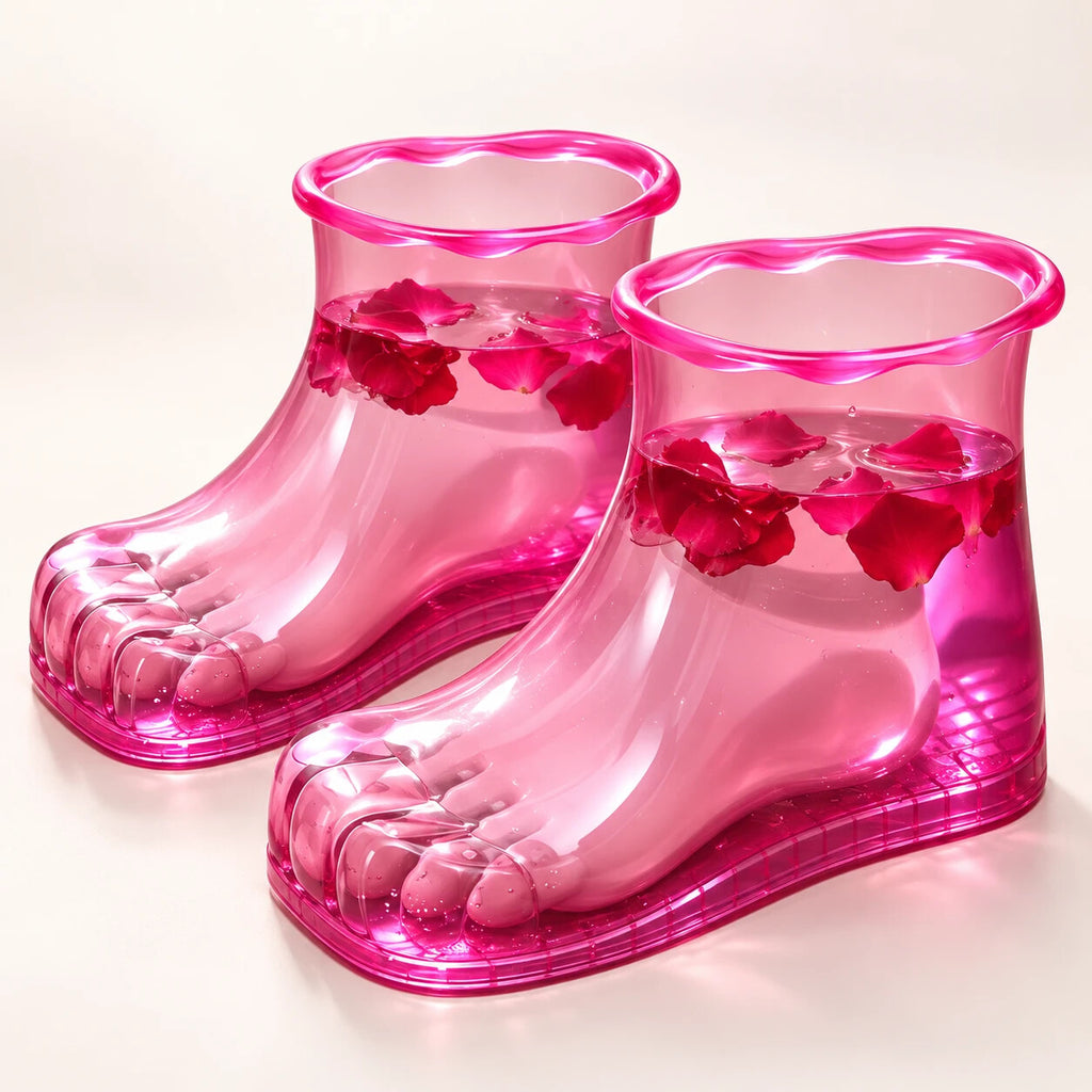 Botas para baño de pies rosas con agua y pétalos de rosa