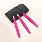 Set de 3 pinzas de cejas rosas con funda negra